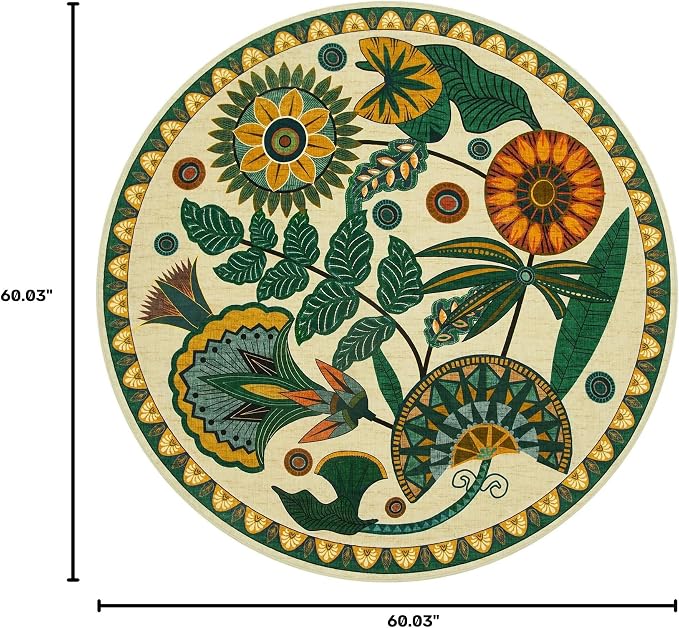 Joydeco Egypt Floral Boho Round Rugs 5FT for Bedroom Playroom Living Room | Boho Colorful Circle Non Slip Stain Resistant Flower Indoor Carpet for Dining Room Nursery Entryway Guest Room Kitchen, Beige