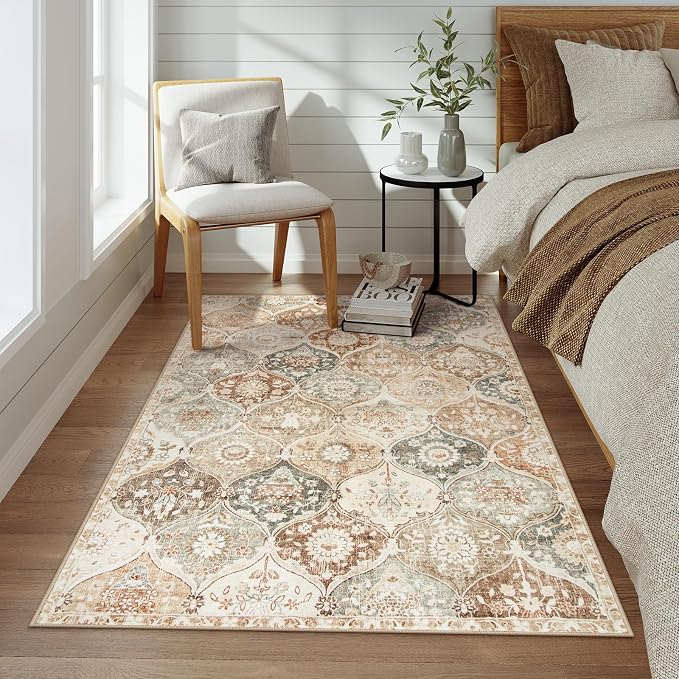 Lahome Moroccan Washable Small Rug, 3x5 Black Rugs for Bedroom Entryway | Small Trellis Non-Slip Oriental Throw Living Room Carpet for Kitchen Office Entryway Bathroom Office Elise, Khaki