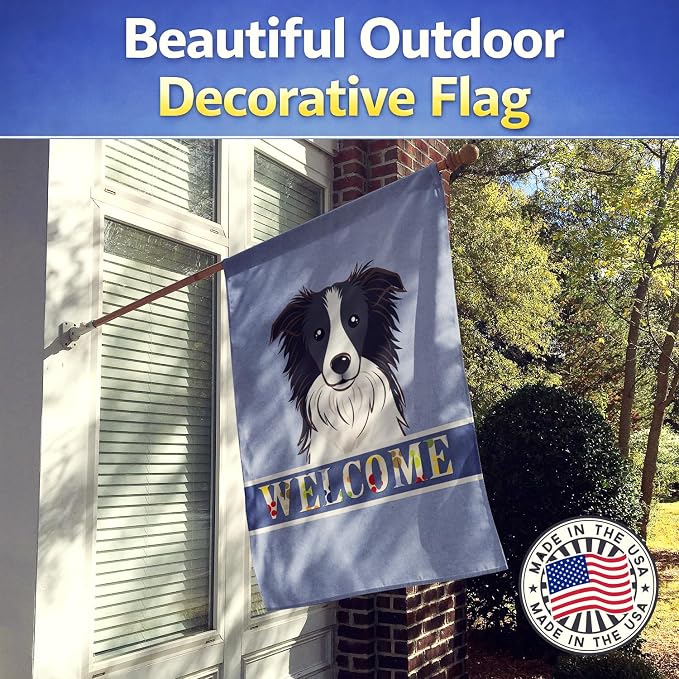 Caroline's Treasures BB1427CHF Border Collie Welcome House Flag, Blue Large Porch Sleeve Pole Decorative Outside Yard Banner Artwork Wall Hanging, Polyester, House Size, Multicolor