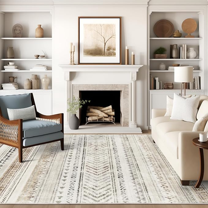 Art&Tuft Washable Rugs 8x10, Area Rugs for Living Room, Brown | Low Pile, Soft & Lighweight, Folable, Stain Resistant Indoor Floor Mat Moroccan Carpet for Bedroom, Dining Room, Home Office