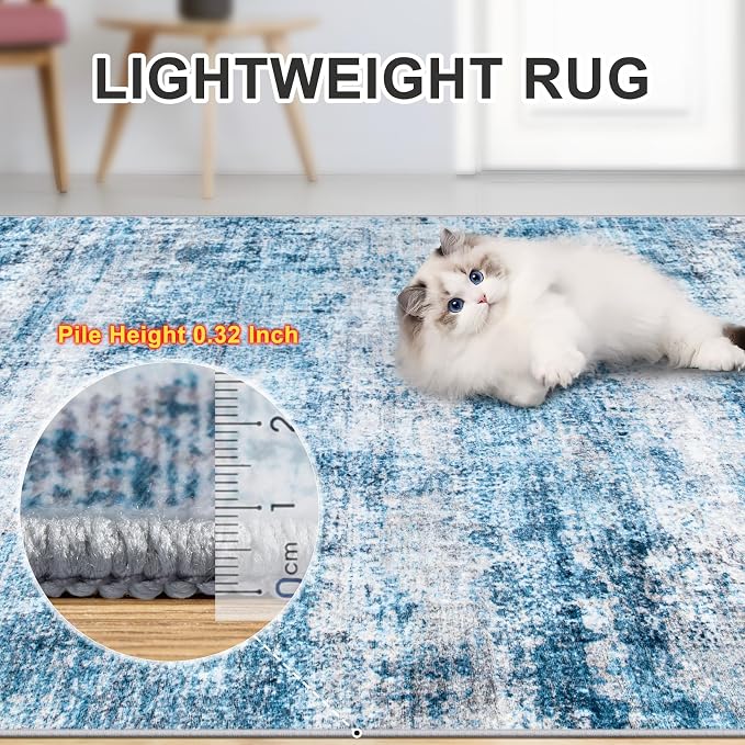 PLHXFR Area Rug Living Room: 5x7 Modern Abstract Washable Carpet Blue | For Bedroom Dining Room Farmhouse Nursery Home,Machine washable,Non Slip,Large Soft Neutral,Stain Resistant, Indoor Floor