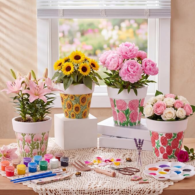 Zubebe 8 Pcs Paint Your Own Ceramic Pots Bulk Unfinished Succulent Pots Craft Kit with Drainage Hole Mini Paintable Plant Vase Ready to Paint Planter for Cactus DIY Craft (Elegant Flowers Tapered)