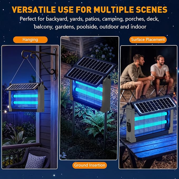 Solar Bug Zapper Outdoor, 4500V Solar Mosquito Zapper with Dual Solar Panels, 1/2 Acre Coverage Cordless Rechargeable Electric Fly Zapper, IPX5 Waterproof Mosquito Traps for Backyard, Patio, Camping
