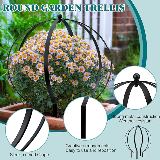 4 PCS Large Metal Round Trellis for Climbing Plants, Heavy Duty Thick Rustproof Obelisk, Garden Sphere Frame for Potted Roses Vines, Outdoor Garden Decor, Easy Assembly (18.5" x 15")