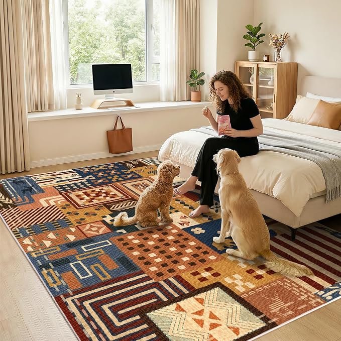 Awaytail Washable 8x10 Area Rug for Living Room, Navy Rust Animal Patchwork | Soft Faux Wool Low-Pile Large Rug with Non-Slip TPR Backing for Living Room, Bedroom, Dining Room and Home Office