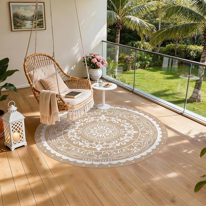 Pauwer Waterproof Outdoor Rug 6ft, Reversible Plastic Straw Patio Camping Rug, Indoor Outdoor RV Mat Carpet for Deck, Camper, Porch, Balcony, Backyard, Picnic, Paisley Brown