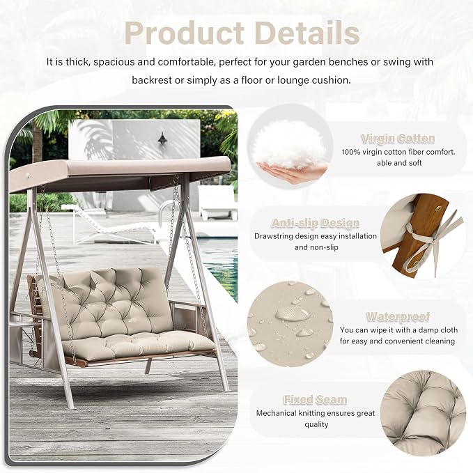 Porch Swing Cushion with Backrest,Waterproof Bench Cushion for Outdoor Furniture,2-3 Seater Replacement Thickened 5 in swing cushion,with Ties,Patio,Outdoor,Backyard and Cream (Cream,40x40 in)