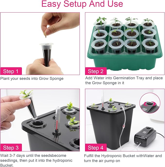 DWC 2 Hydroponic Buckets Kit for Plants, Hydroponics Growing System for Herbs/Tomato/Vegetables, DWC System with Air Pump & Germination Tray (Complete Indoor Hydroponic Gardening Supplies) (Black)