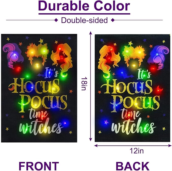 Halloween Lighted Garden Flag, Solar It's Hocus Pocus Witch Yard Flag for Outside, 8 Modes Double Sided Halloween Outdoor Decorations for Home Porch