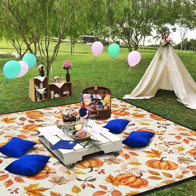 Fall Pumpkin Blankets Waterproof Foldable,60’‘x80'' Portable Dual Layers Outdoor Travel Camping Backpacking Hiking Beach Blanket Mat for Grass Padded Lawn Park Beach,Fall Pumpkin Picnic Accessories