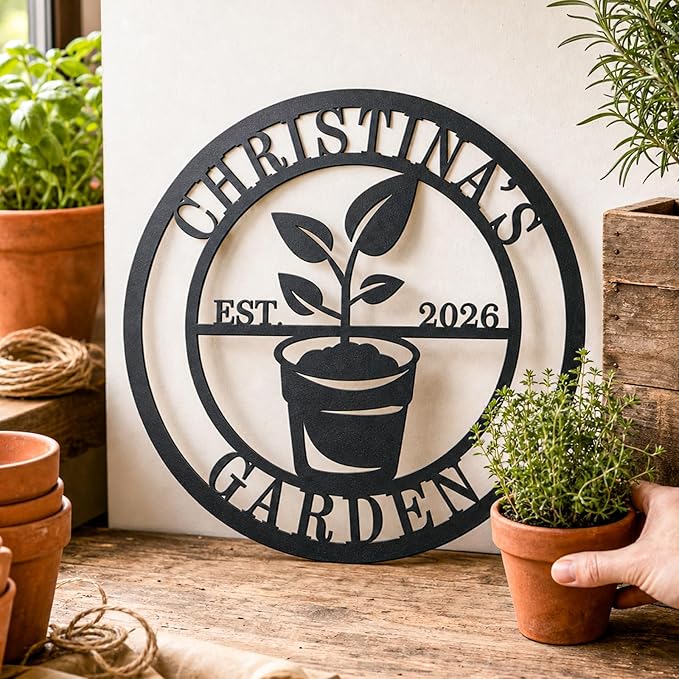 Personalized Garden Signs with Family Name and Established Year, Custom Last Name Metal Plant Pot Wall Decor for Vegetable Garden, Yard, Patio, Greenhouse, Rustic Farmhouse Gift