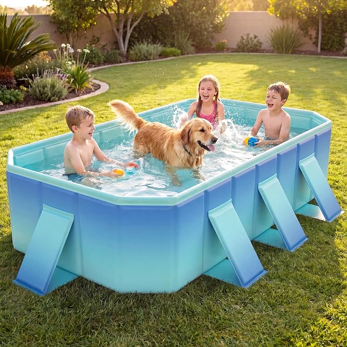 Goplus Foldable Non-Inflatable Swimming Pool, Portable Rectangle Around Ground Pool with 24 Hard Shell, Drain Hose, Outdoor Collapsible Kiddie Pool for Backyard Garden (Mint Green,88x50 in)