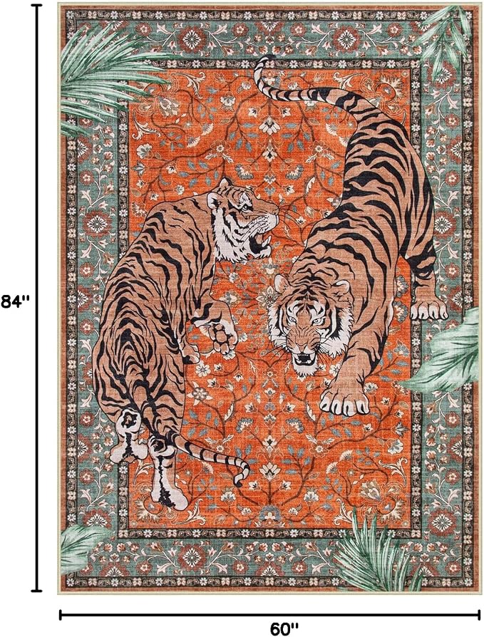 Moynesa Tiger 5x7 Area Rug, Boho Washable Living Room Rug, Non Slip Rugs for Bedroom, Ultra Thin Vintage Soft Stain Resistant Throw Floor Carpet for Office Dining Room, Rust