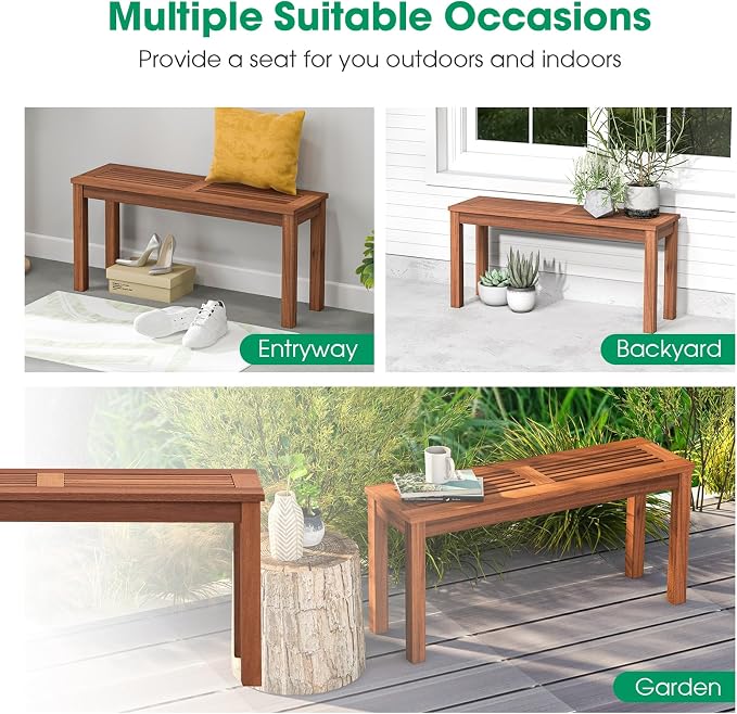 Tangkula Patio Wood Bench, 2-Person Solid Wood Bench with Slatted Seat, 39.5" Long Loveseat with Stable Wood Frame, Indoor Outdoor Dining Bench for Backyard, Poolside, Entryway (1)