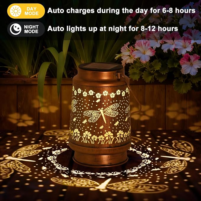 2Pack Solar Lights Dragonfly Solar Lanterns Outdoor Waterproof - Garden Decor Birthday Gifts for Women Mom Grandma Hanging Decoration Outside for Yard, Patio, Backyard, Porch
