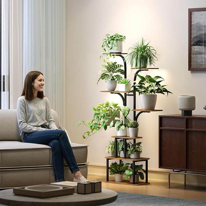 Tall Plant Stand with Grow Lights – 8 Tier 63" Metal and Wooden Indoor Flower Shelf Rack, Adjustable Large Corner Organizer for Living Room or Home Gardening Display