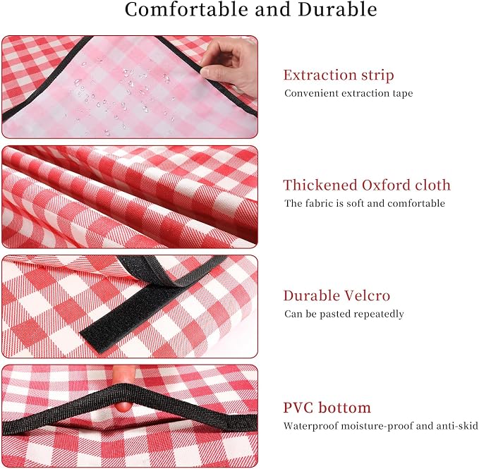 Picnic Blanket Waterproof Beach Rug 79''x79'' Picnic Mat Washable Lightweight with Handle Red Checkered for Hiking Travelling Outdoor Camping,Parks
