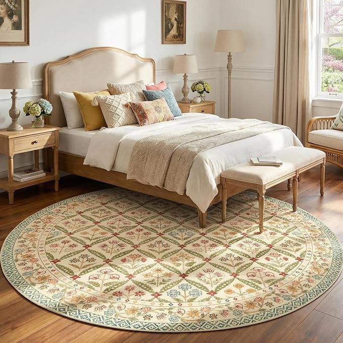 jinchan Round Rug 7ft Vintage Floral Washable Circle Area Rug, Teal Blue | Soft & Lightweight, Checkered Floral, Low Pile, Non Slip, Dining Room, Living Room, Bedroom, Girls Room, Kids Room Decor