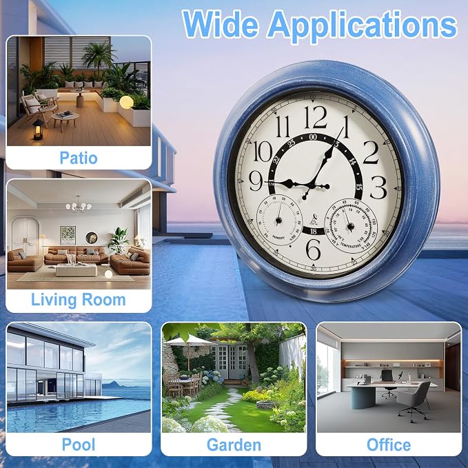 18-Inch Outdoor Wall Clock with Thermometer Hygrometer, LED Auto Light Sensor, Outdoor Clock Waterproof Large Display for Garden Patio Home Decor