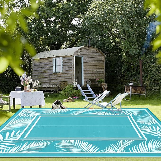 Bsmathom Waterproof Outdoor Rug 9x12ft Large Reversible Boho Plastic Straw Patio Deck Camping Rugs, Indoor Outdoor Portable RV Mat Carpet for Outside, Porch, Balcony, Backyard, Beach, Pool,Teal