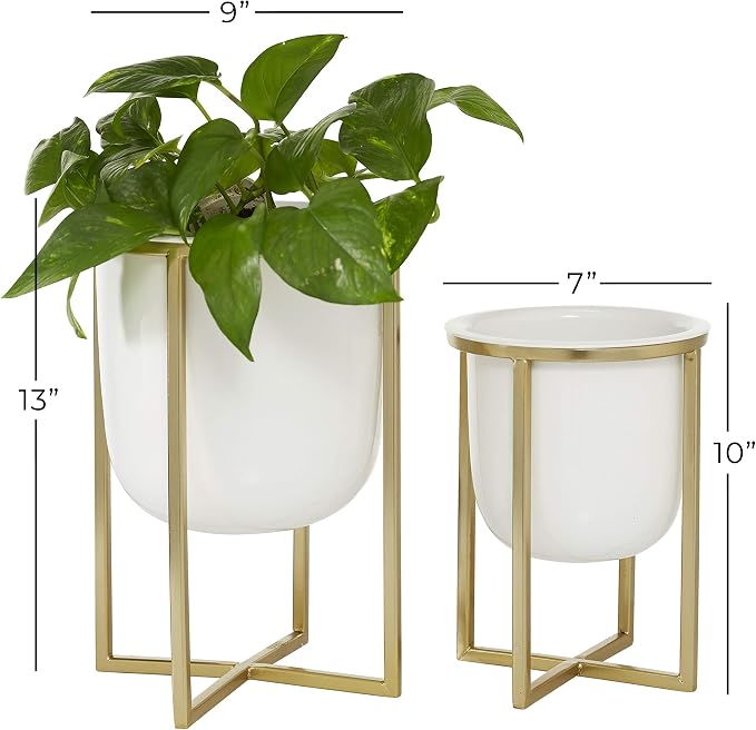 CosmoLiving by Cosmopolitan Metal Indoor Outdoor Planter Dome Small Planter Pot with Gold X-Shaped Stands, Set of 2 Planters 12", 10"H, White