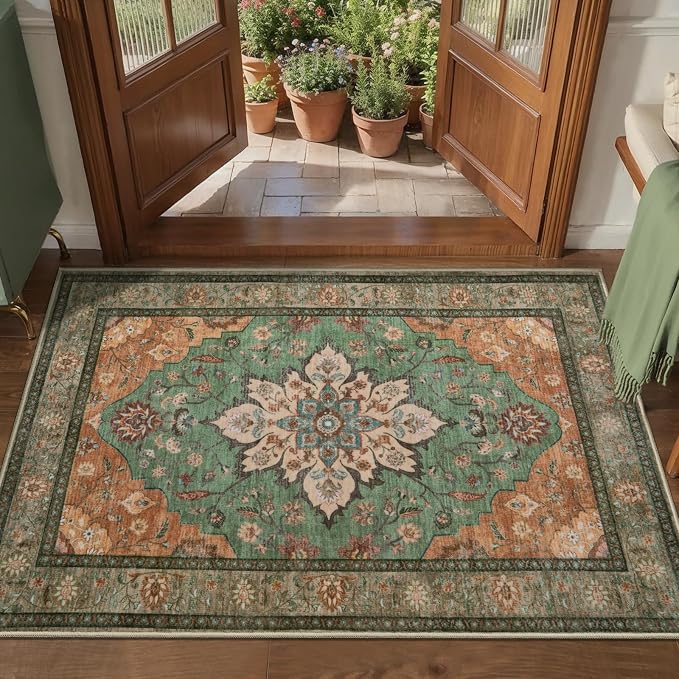 Tangsoo 2x3 Washable Rugs for Entryway, Vintage Non Slip Small Area Rug | Oriental Indoor Front Door Rug Mat, Soft Low Pile Print Small Carpet Throw Rugs for Entry Entrance Kitchen Bedroom Tan/Green