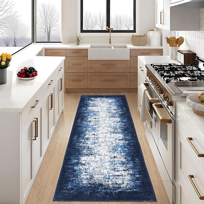 GarveeHome Entryway Rug 2.5x8 Washable Modern Abstract Small Blue | Non-Slip Backing, Stain-Resistant Low Pile Floor Cover, Colorful Indoor Mat, Bedroom, Kitchen, Laundry