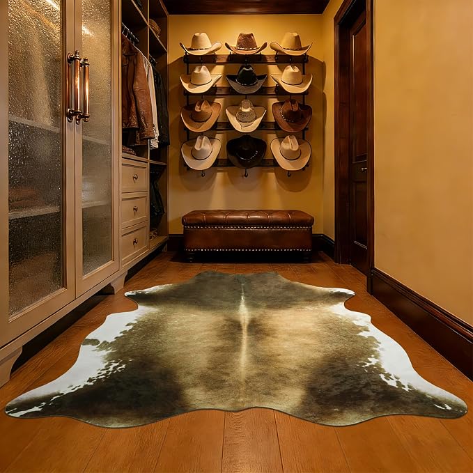 Washable Non Slip Cowhide Rug 4x5 Brindle and White, Faux Animal Skin Area Rugs for Bedroom, Western Rustic Farmhouse Aesthetic Decor Carpet with TPR Backing for Home Office