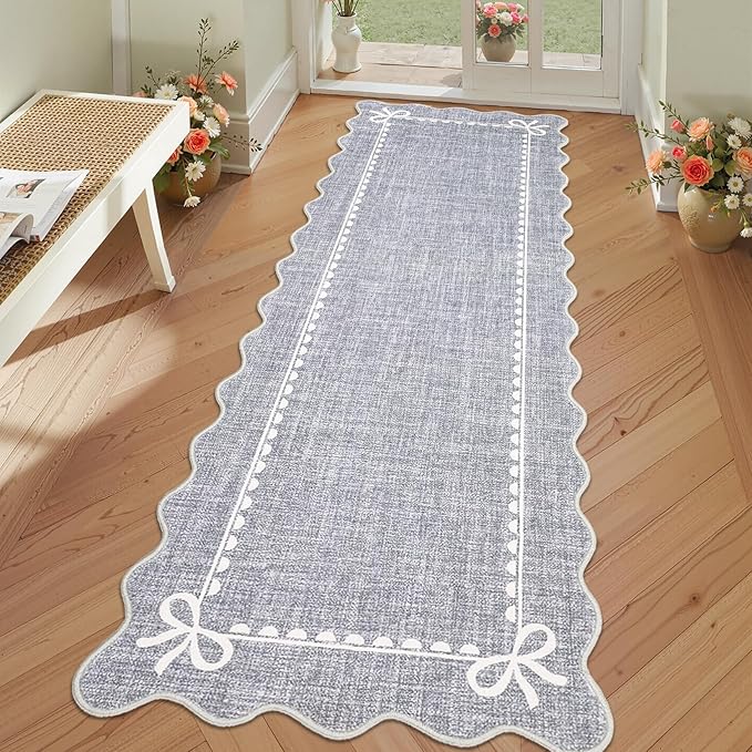 GarveeHome Scalloped Hallway Runner Rug 2x6 Non Slip Bedroom Rugs, Grey | Washable Bow Rug for Girls Dorm Nursery Living Room Entyrway Kitchen, Soft Low Pile Ultra-Thin Stain Resistant Indoor Carpet