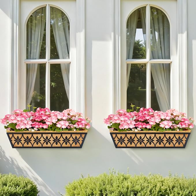 30 Inch Window Boxes Planters Railing Planter Box - 2 Pack Deck Railing Planter Boxes with Adjustable Brackets Coco Liners Balcony Planters Railing Hanging for Window Flower Boxes Outdoor Garden Decor