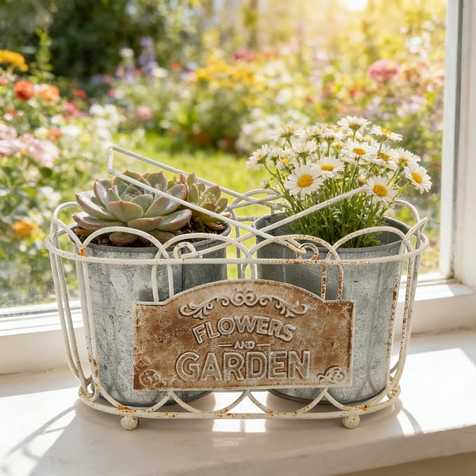 Vintage White Iron Planter Basket with 2 Metal Flower Pots - Rustic Farmhouse Plant Holder for Indoor Outdoor Balcony, Window Sill, Tabletop Decor (White#4)