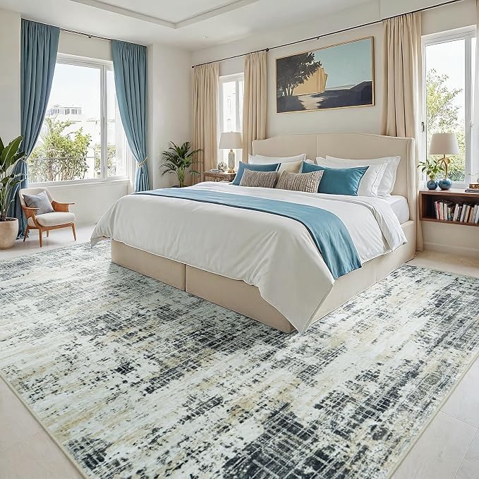 9x12 Washable Area Rug for Living Room Bedroom: Non-Slip Modern Black Gray | Machine Washable TPR Backing, Stain-Resistant Low Pile, Pet & Kid Friendly, Abstract Decor for Dining Room, Dorm, Home Office