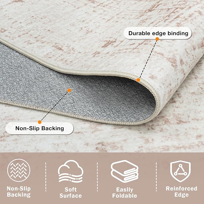 10x14 Area Rug for Living Room Bedroom: Non-Slip Modern Beige White | Machine Washable TPR Backing, Stain-Resistant Low Pile, Pet & Kid Friendly, Abstract Decor for Dining Room, Dorm, Home Office