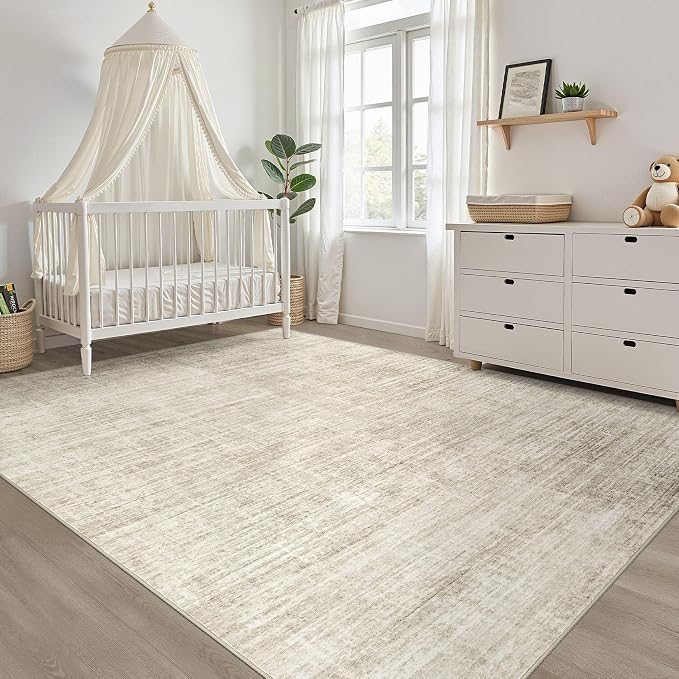 LOONGRUG 9x12 Area Rug Washable Neutral Modern Rug for Living Room Beige | Abstract Soft Stain Resistant Indoor Non-Slip Carpet for Bedroom Nursery Kids Office Playroom Dining Room