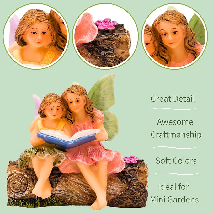 PRETMANNS Fairies for Fairy Garden Accessories Outdoor Indoor Miniature Garden Figurines Hand-Painted Resin Fairy Figures Set 2 Sitting Sisters Fairy Buddies | Hand-Painted Resin Ornament Figurines, Outdoor or Indoor Miniature Garden, Adorable Design