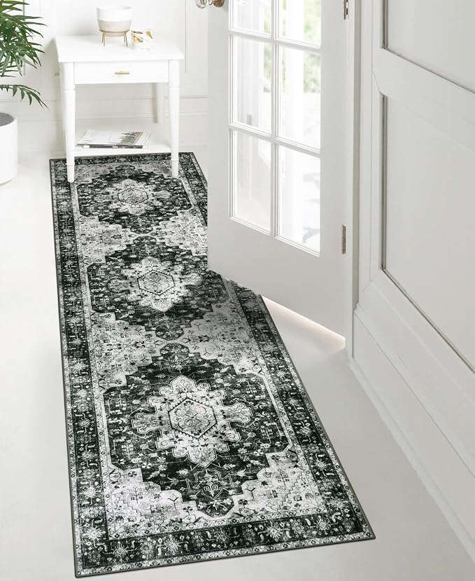 Moynesa Ultra-Thin Washable Vintage Runner Rug - 2'6"x8 Hallway Runner Non-Slip Non-Shedding Stain Resistant Kitchen Mat Boho Oriental Medallion Laundry Carpet for Entrance Bedside, Black/White