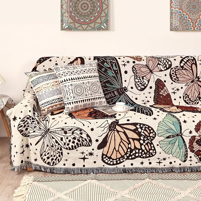 Boho Throw Blanket for Bed Couch Sofa Reversible Cotton Bohemian Travel Boho Quilt Mexican Muslin Blanket Tapestry Hippie Room Decor Outdoor Blanket Double Sided (Month Moth Print 70"x90")