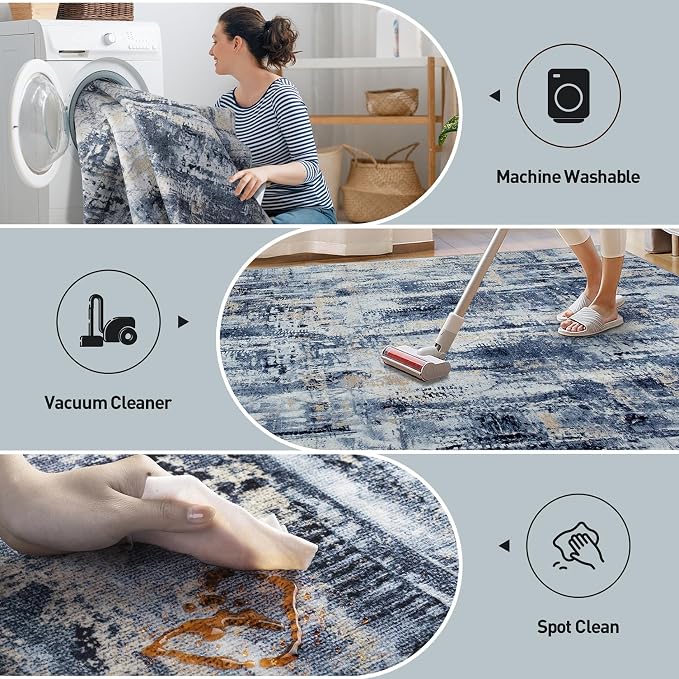 8x10 Area Rugs for Living Room: Washable Abstract Blue Gold Badroom Carpet | Non-slip TPE backing makes this washable soft low-pile rug safe & durable, Pet-friendly decor for dining room,nursery,office