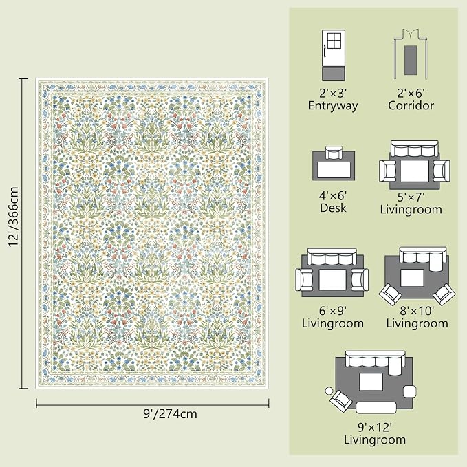 Washable 9x12 Area Rug - Light Green Vintage Floral for Living Room, Dining Room Under Table & Bedroom - Soft Low Pile, Non-Slip & Stain Resistan