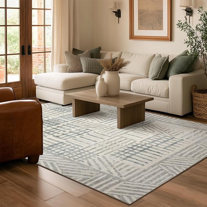 Area Rug 5x7 Abstract Geometric Textured Brushstroke - Neutral Gray & Light Blue Modern Minimalist Area Rug, Decorative Carpet for Living Room Bedroom Home Decor
