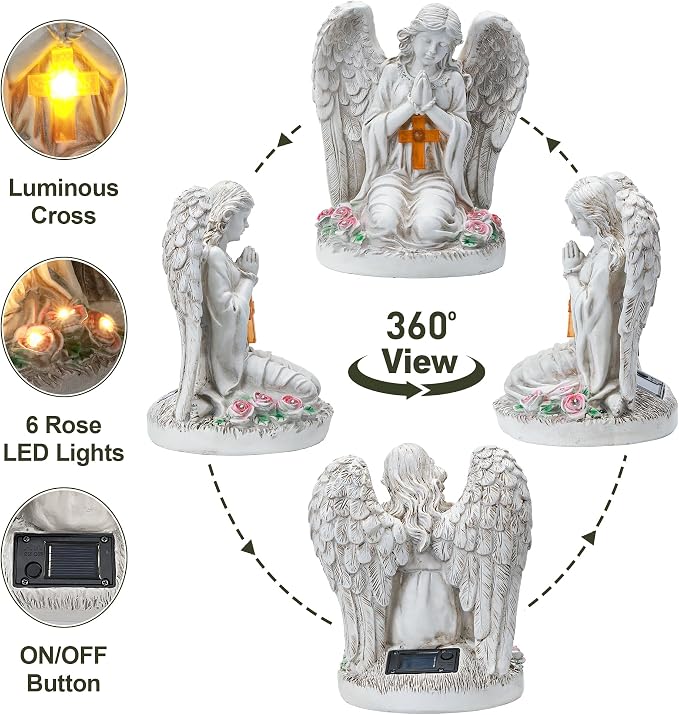 Solar Angel Garden Statues with Cross and 6 LED Lights, Solar Outdoor Decor for Patio, Balcony, Yard, Cemetery, Waterproof Praying Angel Figurines, Lawn Ornaments Gifts for Women, Mom, Grandma