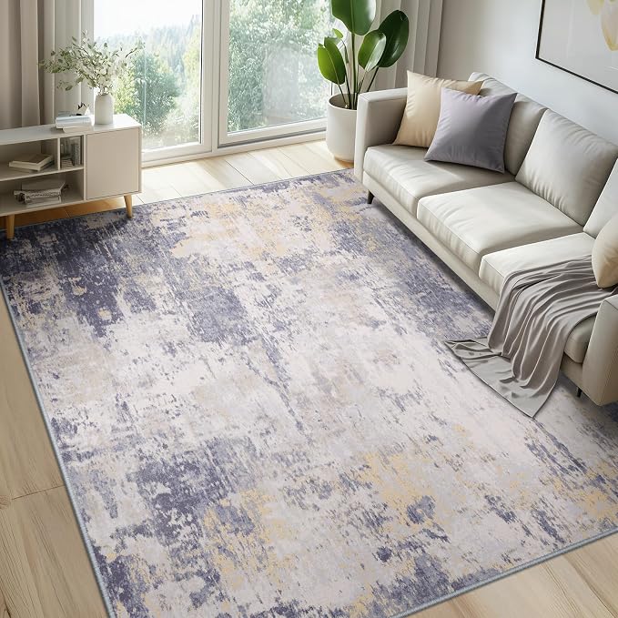 RELEANY Washable 6'x9' Abstract Area Rug for Living Room Gray Yellow | Carpet for Bedroom, Kitchen, Office, Hallway and Entryway, Printed Pattern, Non‑Slip, Soft, Stain‑Resistant, Easy to Clean
