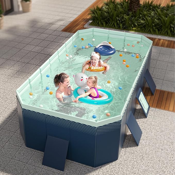 Folding Swimming Pool, Non Inflatable Pool Oversize Bath Pool Backyard Pool Foldable Pool for Whole Family Home Outdoor PVC Pool (1.6m/63in)
