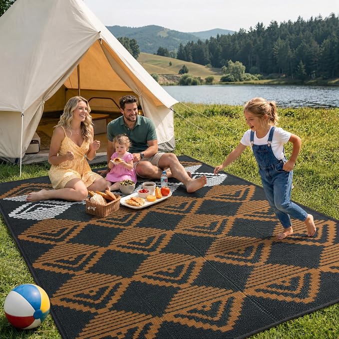 Lahome Waterproof Outdoor Patio Rug 9x12, Reversible Large Outdoor Rug for Patios, Camping Rugs for RV Backyard Deck Picnic Beach Trailer (Black/Brown, 9' x 12')