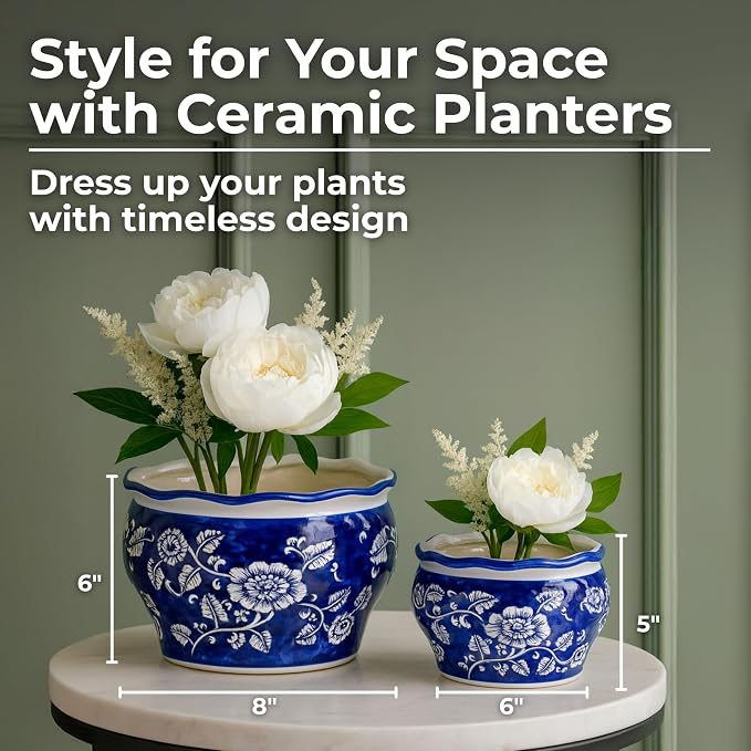 Set of 2 Round Chinoiserie Decorative Ceramic Planter Pots – Stoneware Outdoor & Indoor Plant Pots with Drainage – Modern Garden & Home Decor Planters – 6" & 5", Blue & White