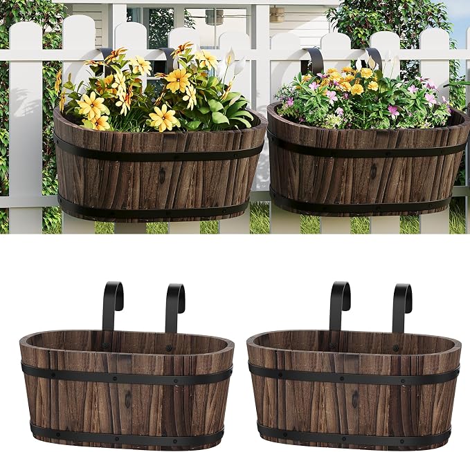 2PACK Railing Planter Box Wood Hanging Flower Pots for Railing Fence Outdoor Balcony Planters for Wall Window Flower Box Hanging Bucket Pots Countryside Plant Holder (Carbonized,2pcs,Large)