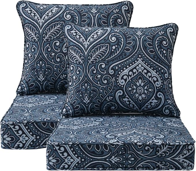 Unimatta Outdoor Patio Chair Cushions Set, 24" x 24"(24x24 Back), Set of 2, Water-Repellent, Fade Resistant, Deep Seat Bottom and Back Cushion for Backyard, Couch, Sofa, Damask Blue Flower