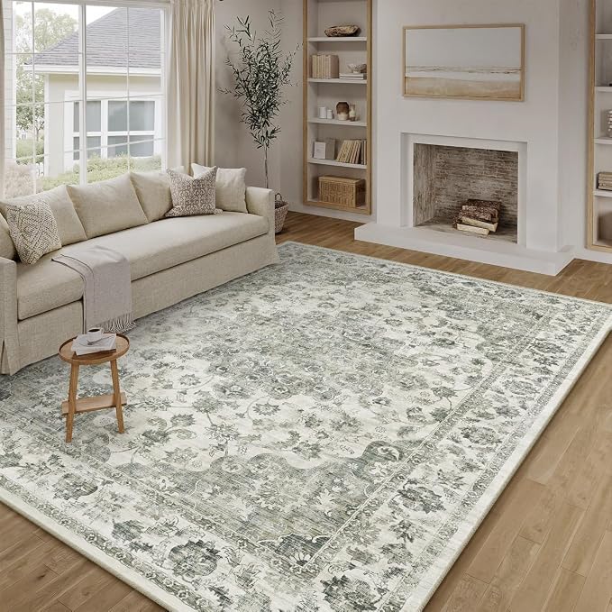 6x9 Green Neutral Area Rug | Washable, Non Slip, Soft Low Pile, Vintage Farmhouse, for Living Room Bedroom Dining Room Office Indoor Home Decor