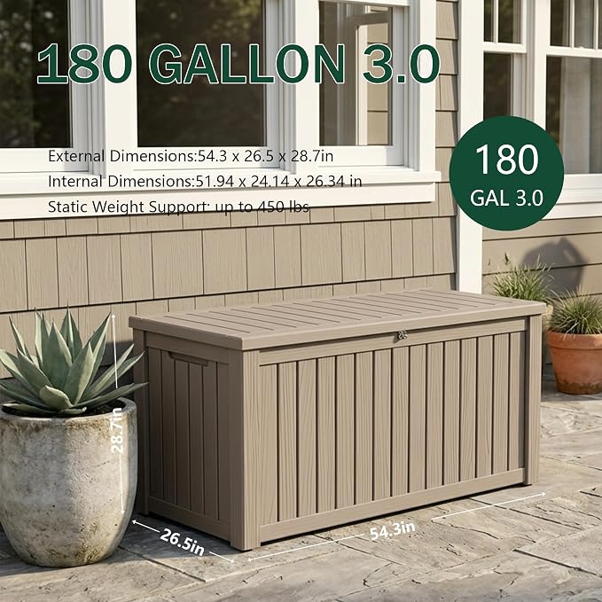 Outdoor Storage Box, 180 Gallon Waterproof Deck Box [Upgraded 3.0], Piston-Lift Tall Standing Cabinet for Oversized Cushions, Lockable Deep Tool Organizer Storage Bench, Large Lawn, Grey