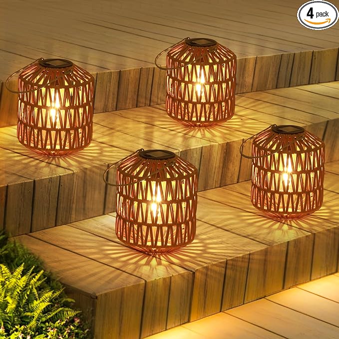 Eyassi Rattan Solar Lights, 4 Pack Solar Lanterns Outdoor Waterproof, Outdoor Lights for Yard, Hanging Lantern with Handle, Decorative Lanterns for Garden, Tabletop, Tree Lighting (Bulbs Included)